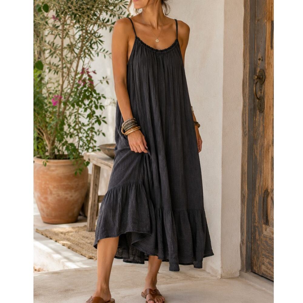 By Anthropologie Gauze Tiered Maxi Dress Washed Black Adjustable Straps M Boho